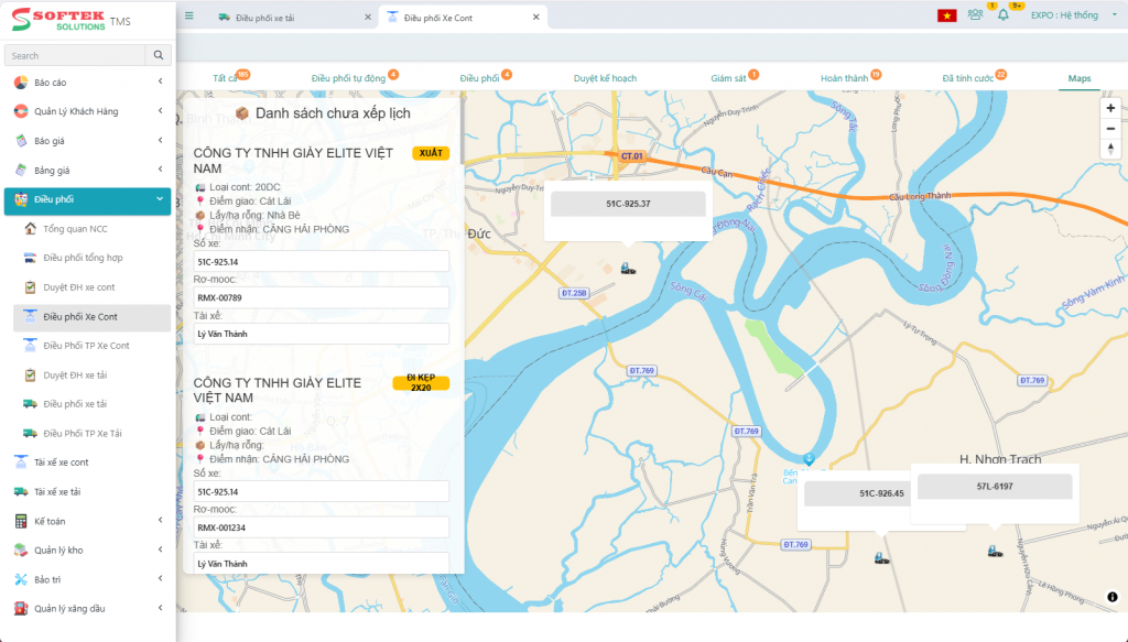 Giao diện maps theo dõi vị trí xe trong hệ thống quản lý vận tải TMS