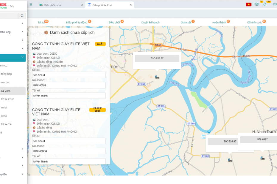 Giao diện maps theo dõi vị trí xe trong hệ thống quản lý vận tải TMS