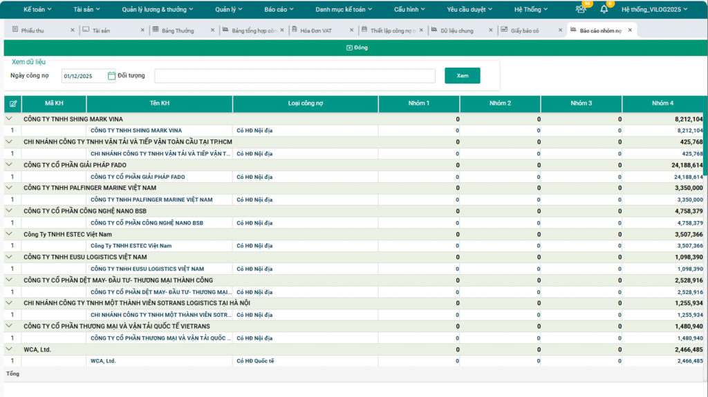 giao diện quản lý công nợ trên nền tảng kế toán logistics