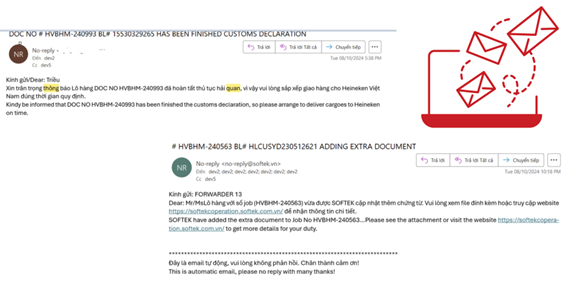 Màn hình email tự động gửi cho khách hàng, forwarder và đơn vị quản lý