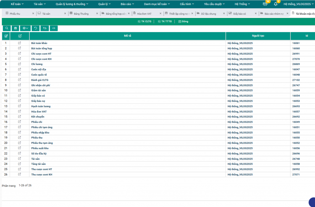 giao diện cấu hình các tải khoản mặc định trong phần mềm kế toán