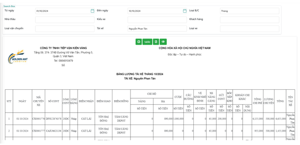 Bảng lương tài xế