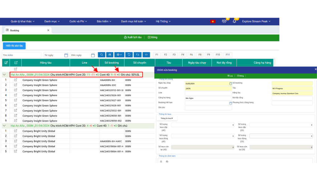 Màn hình quản lý danh sách booking