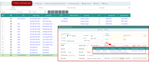 Màn hình quản lý danh sách và chi tiết báo giá