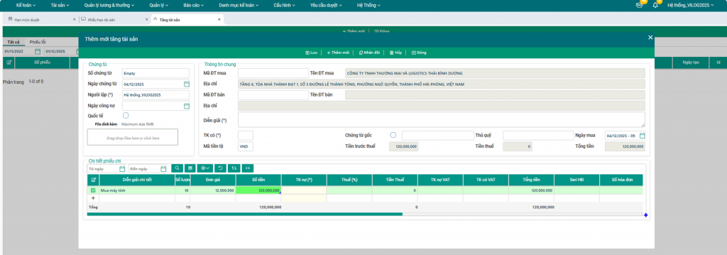 giao diện quản lý tài sản trong phần mềm