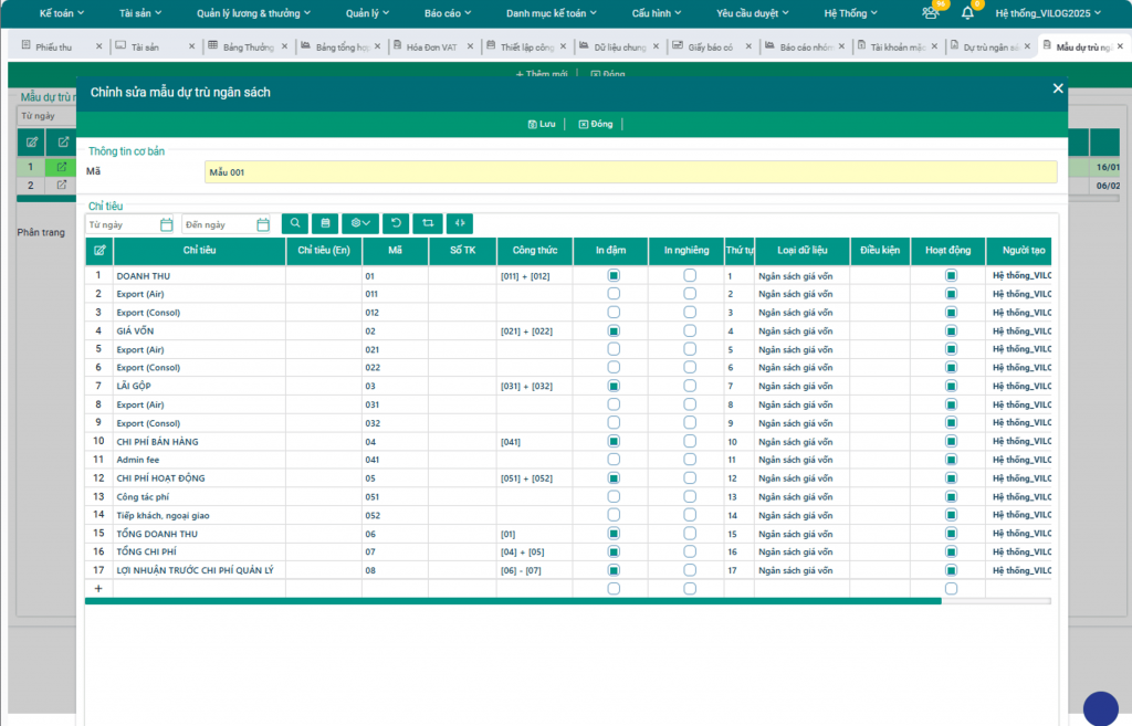 giao diện thiết lập mẫu dự trù ngân sách một năm