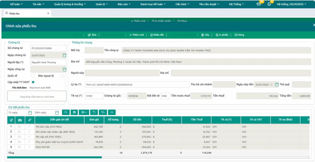 giao diện phần mềm kế toán logistics acc v.8