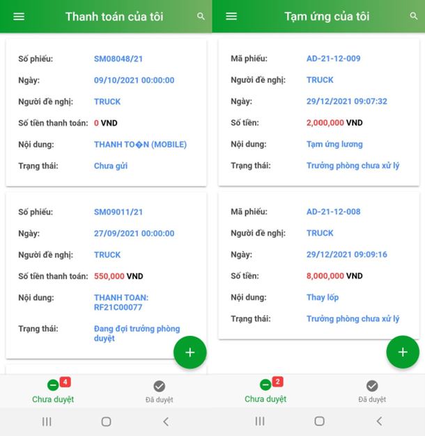 Giao diện quản lý thanh toán và tạm ứng