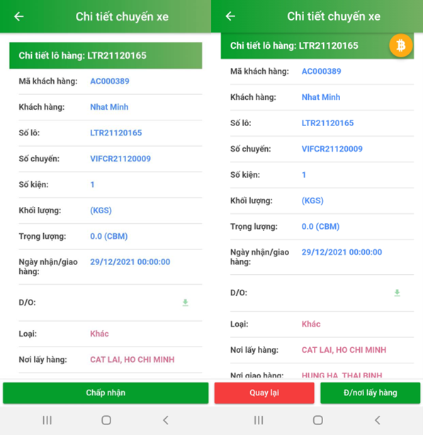 Màn hình tiếp nhận yêu cầu vận chuyển và xử lý đơn hàng đã nhận