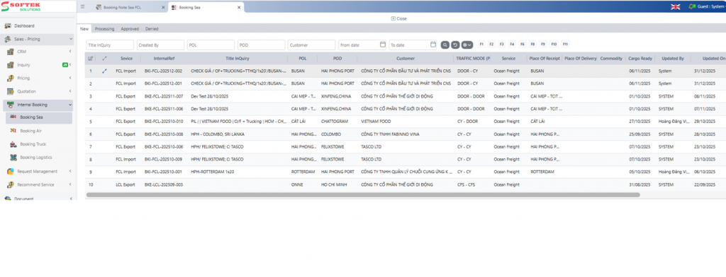 Màn hình Gửi Internal Booking yêu cầu mở lô hàng