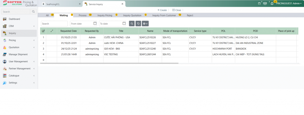 Màn hình Service Inquiry ghi nhận yêu cầu giá từ Sales hoặc Khách hàng