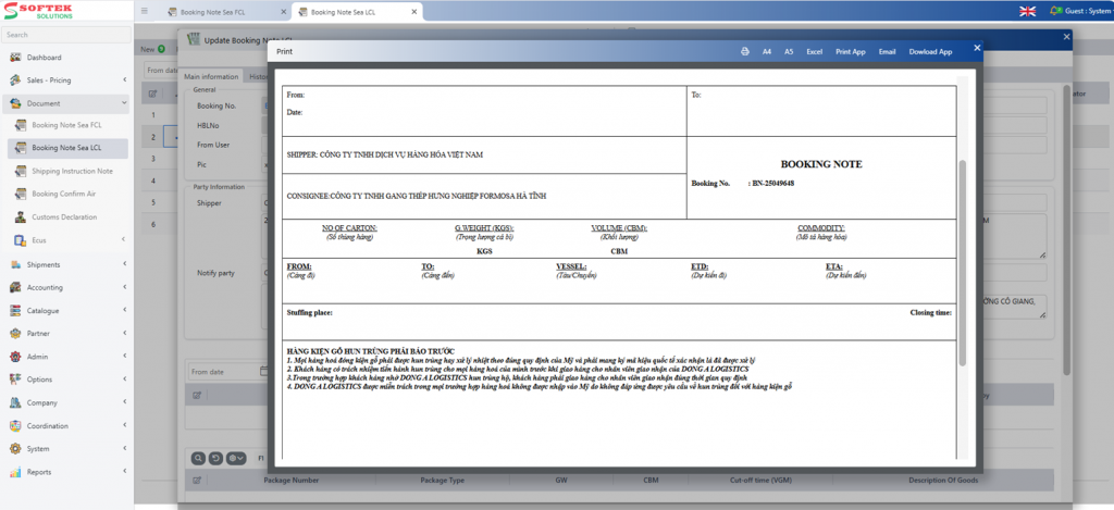 Màn hình Quản lý & In ấn Booking Note