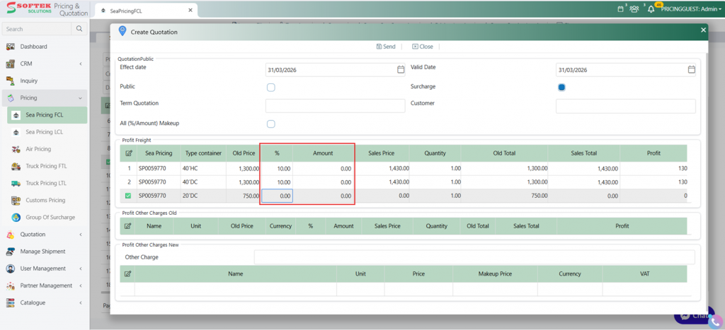 Màn hình tạo báo giá (giá bán) nhanh bằng cách mark-up giá mua