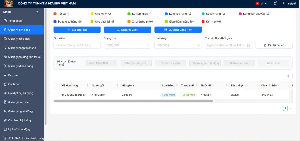Giao diện quản lý đơn hàng và menu chức năng