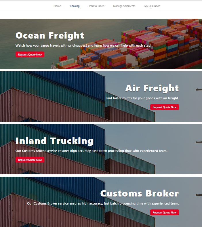 Màn hình hiển thị các loại hình dịch vụ: sea, air logistics, trucking