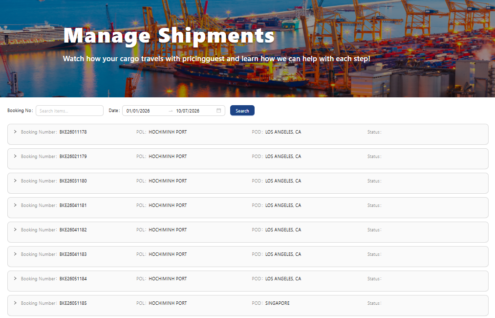 Màn hình quản lý lịch sử lô hàng đã thực hiện trên portal
